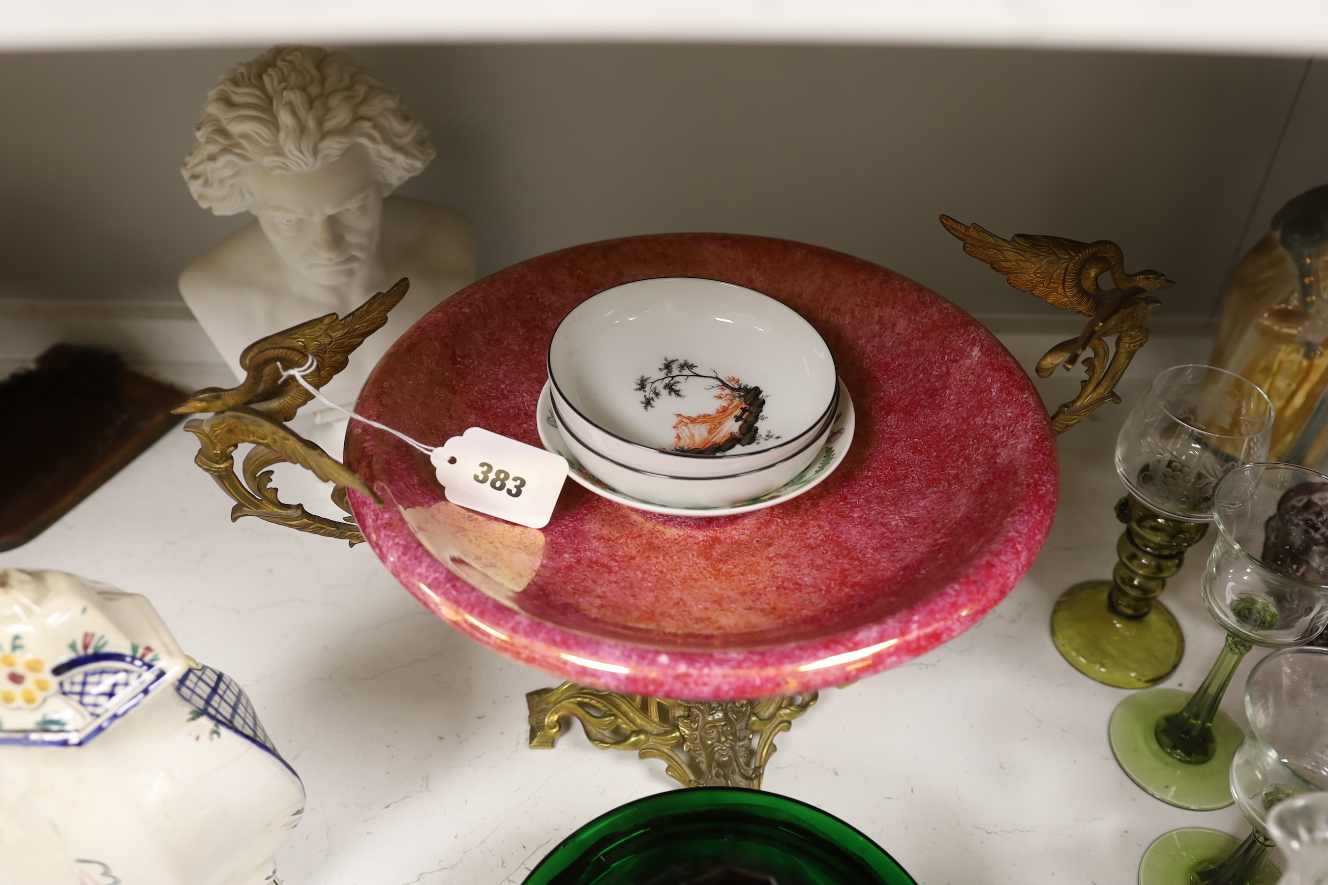 A French ruby lustre and ormolu mounted centrepiece, a green faceted glass bowl and cover, two Nymphenburg dishes, a pearlware dessert dish and other ceramics and glass